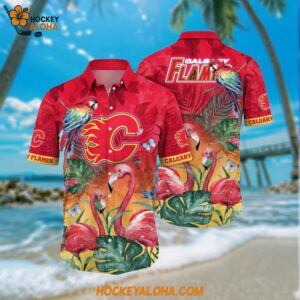 NHL Calgary Flames Hawaiian Shirt Tropical Parrot And Flamingo Motifs Summer Hawaiian Shirt