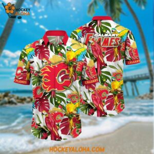 NHL Calgary Flames Hawaiian Shirt Tropical Parrot Pattern Summer Hawaiian Shirt