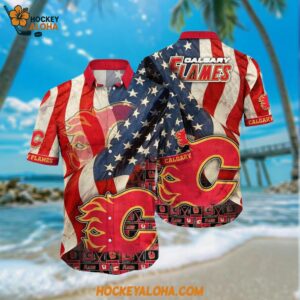 NHL Calgary Flames Hawaiian Shirt With American Flag Pattern Summer Hawaiian Shirt