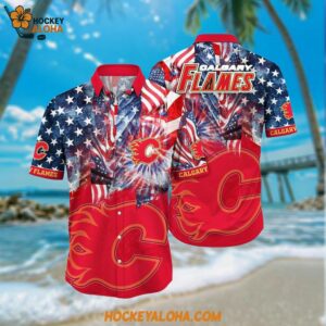 NHL Calgary Flames Hawaiian Shirt With American Independence Day Pattern Summer Hawaiian Shirt