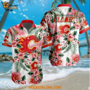 NHL Calgary Flames Hockey Tropical Flower Hawaiian Design Button Shirt