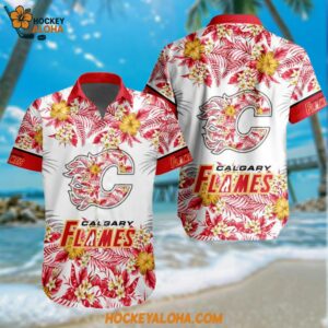 NHL Calgary Flames Special Flower Tropical Design Hawaiian Button Shirt