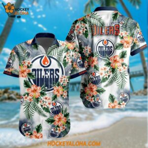 NHL Edmonton Oilers Hockey Tropical Flower Hawaiian Design Button Shirt
