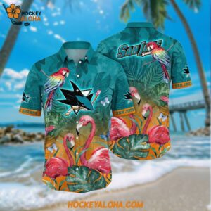 Nhl San Jose Sharks Hawaiian Shirt Tropical Parrot And Flamingo Motifs Summer Hawaiian Shirt