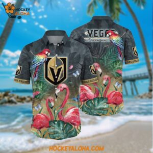 Nhl Vegas Golden Knights Hawaiian Shirt Tropical Parrot And Flamingo Motifs Summer Hawaiian Shirt