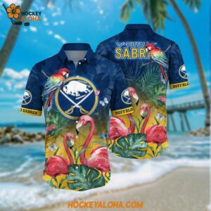 Buffalo Sabres Hawaiian Shirt Tropical Parrot And Flamingo Motifs Summer Hawaiian Shirt