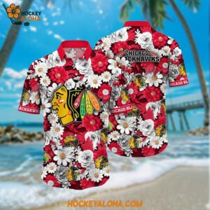 Chicago Blackhawks Hawaiian Shirt Tropical Begonia Flower Pattern Summer Hawaiian Shirt