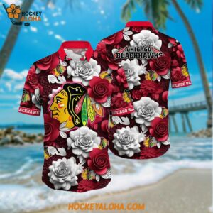 Chicago Blackhawks Hawaiian Shirt Tropical Rose Pattern Summer Hawaiian Shirt