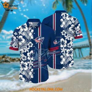 Columbus Blue Jackets Hawaiian Shirt Tropical Apricot Blossom Pattern Summer Hawaiian Shirt