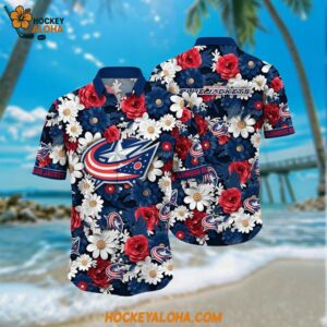 Columbus Blue Jackets Hawaiian Shirt Tropical Begonia Flower Pattern Summer Hawaiian Shirt