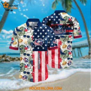 Columbus Blue Jackets Hawaiian Shirt Tropical Hat And Glasses Pattern Summer Hawaiian Shirt