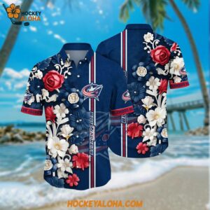 Columbus Blue Jackets Hawaiian Shirt Tropical Hepatica Floral Pattern Summer Hawaiian Shirt