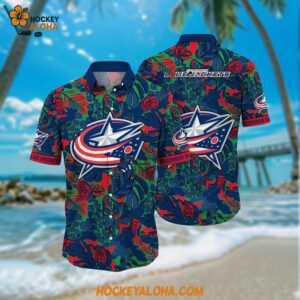 Columbus Blue Jackets Hawaiian Shirt Tropical Leaf Pattern Summer Hawaiian Shirt
