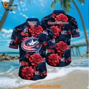 Columbus Blue Jackets Hawaiian Shirt Tropical Rose Pattern Summer Hawaiian Shirt