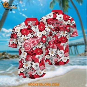 Detroit Red Wings Hawaiian Shirt Tropical Begonia Flower Pattern Summer Hawaiian Shirt