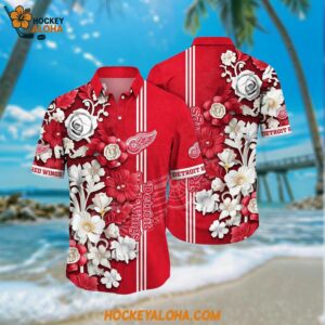 Detroit Red Wings Hawaiian Shirt Tropical Hepatica Floral Pattern Summer Hawaiian Shirt