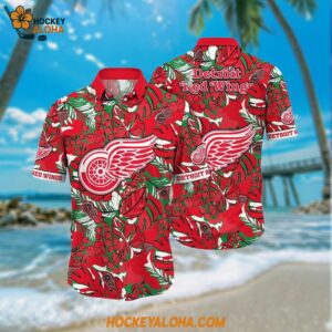 Detroit Red Wings Hawaiian Shirt Tropical Leaf Pattern Summer Hawaiian Shirt