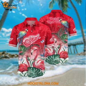 Detroit Red Wings Hawaiian Shirt Tropical Parrot And Flamingo Motifs Summer Hawaiian Shirt