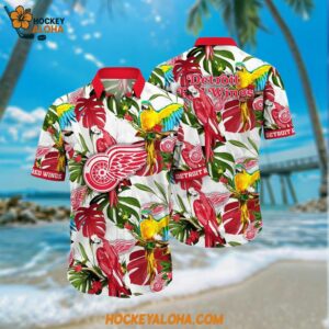 Detroit Red Wings Hawaiian Shirt Tropical Parrot Pattern Summer Hawaiian Shirt
