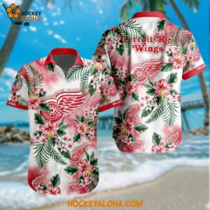 Detroit Red Wings Hockey Tropical Flower Hawaiian Design Button Shirt