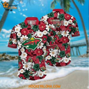 Minnesota Wild Hawaiian Shirt Tropical Begonia Flower Pattern Summer Hawaiian Shirt