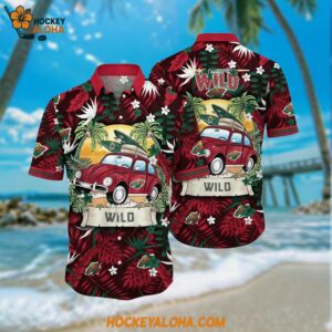 Minnesota Wild Hawaiian Shirt Tropical Forest Motif Car Traveling Summer Hawaiian Shirt