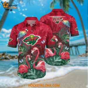 Minnesota Wild Hawaiian Shirt Tropical Parrot And Flamingo Motifs Summer Hawaiian Shirt