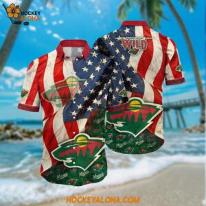 Minnesota Wild Hawaiian Shirt With American Flag Pattern Summer Hawaiian Shirt