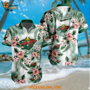 Minnesota Wild Hockey Tropical Flower Hawaiian Design Button Shirt