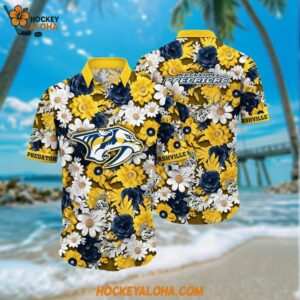 Nashville Predators Hawaiian Shirt Tropical Begonia Flower Pattern Summer Hawaiian Shirt