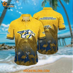 Nashville Predators Hawaiian Shirt Tropical Flamingo Pattern Summer Hawaiian Shirt
