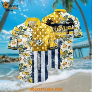 Nashville Predators Hawaiian Shirt Tropical Hat And Glasses Pattern Summer Hawaiian Shirt