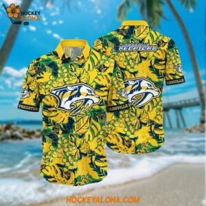 Nashville Predators Hawaiian Shirt Tropical Leaf Pattern Summer Hawaiian Shirt