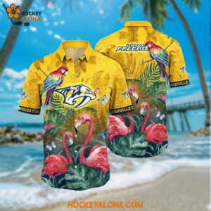 Nashville Predators Hawaiian Shirt Tropical Parrot And Flamingo Motifs Summer Hawaiian Shirt