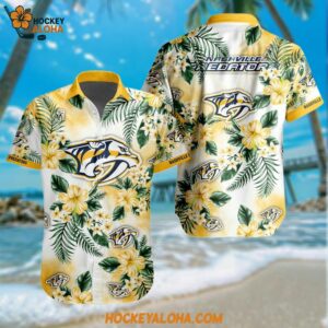 Nashville Predators Hockey Tropical Flower Hawaiian Design Button Shirt