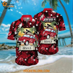 New Jersey Devils Hawaiian Shirt Tropical Forest Motif Car Traveling Summer Hawaiian Shirt