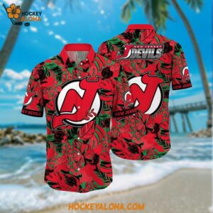 New Jersey Devils Hawaiian Shirt Tropical Leaf Pattern Summer Hawaiian Shirt
