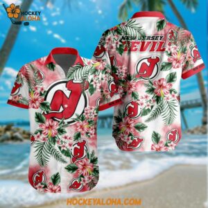 New Jersey Devils Hockey Tropical Flower Hawaiian Design Button Shirt