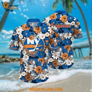 New York Islanders Hawaiian Shirt Tropical Begonia Flower Pattern Summer Hawaiian Shirt