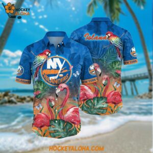 New York Islanders Hawaiian Shirt Tropical Parrot And Flamingo Motifs Summer Hawaiian Shirt