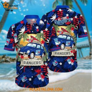 New York Rangers Hawaiian Shirt Tropical Forest Motif Car Traveling Summer Hawaiian Shirt
