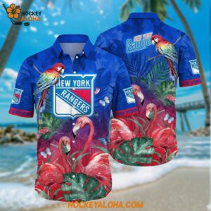 New York Rangers Hawaiian Shirt Tropical Parrot And Flamingo Motifs Summer Hawaiian Shirt