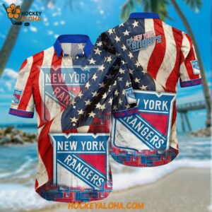 New York Rangers Hawaiian Shirt With American Flag Pattern Summer Hawaiian Shirt