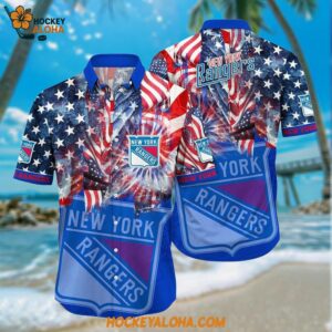 New York Rangers Hawaiian Shirt With American Independence Day Pattern Summer Hawaiian Shirt