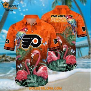 Philadelphia Flyers Hawaiian Shirt Tropical Parrot And Flamingo Motifs Summer Hawaiian Shirt