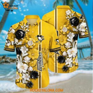 Pittsburgh Penguins Hawaiian Shirt Tropical Hepatica Floral Pattern Summer Hawaiian Shirt