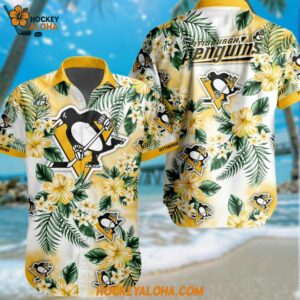 Pittsburgh Penguins Hockey Tropical Flower Hawaiian Design Button Shirt