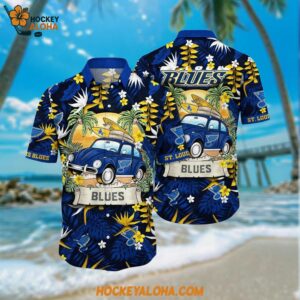 St Louis Blues Hawaiian Shirt Tropical Forest Motif Car Traveling Summer Hawaiian Shirt