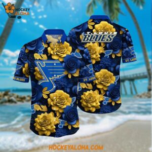 St Louis Blues Hawaiian Shirt Tropical Rose Pattern Summer Hawaiian Shirt