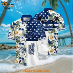 Tampa Bay Lightning Hawaiian Shirt Tropical Hat And Glasses Pattern Summer Hawaiian Shirt